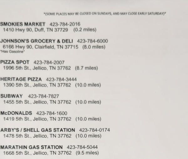 a picture of the stores and restaurants available in the area. (smokies market, johnson's grocery & deli, pizza spot, heritage pizza, subway, mccdonalds, arby's / shell gas station, marathon gas station, sunoco gas station, family dollar, dollar general, 